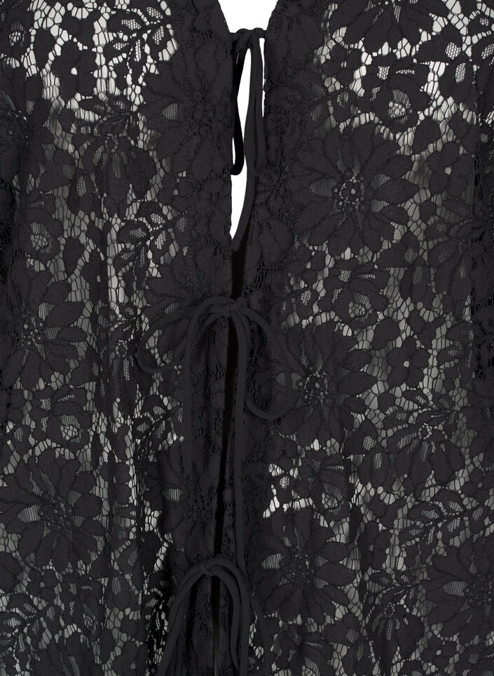 Lace blouse with 3/4 sleeves and bows on the front, Black, Packshot image number 2