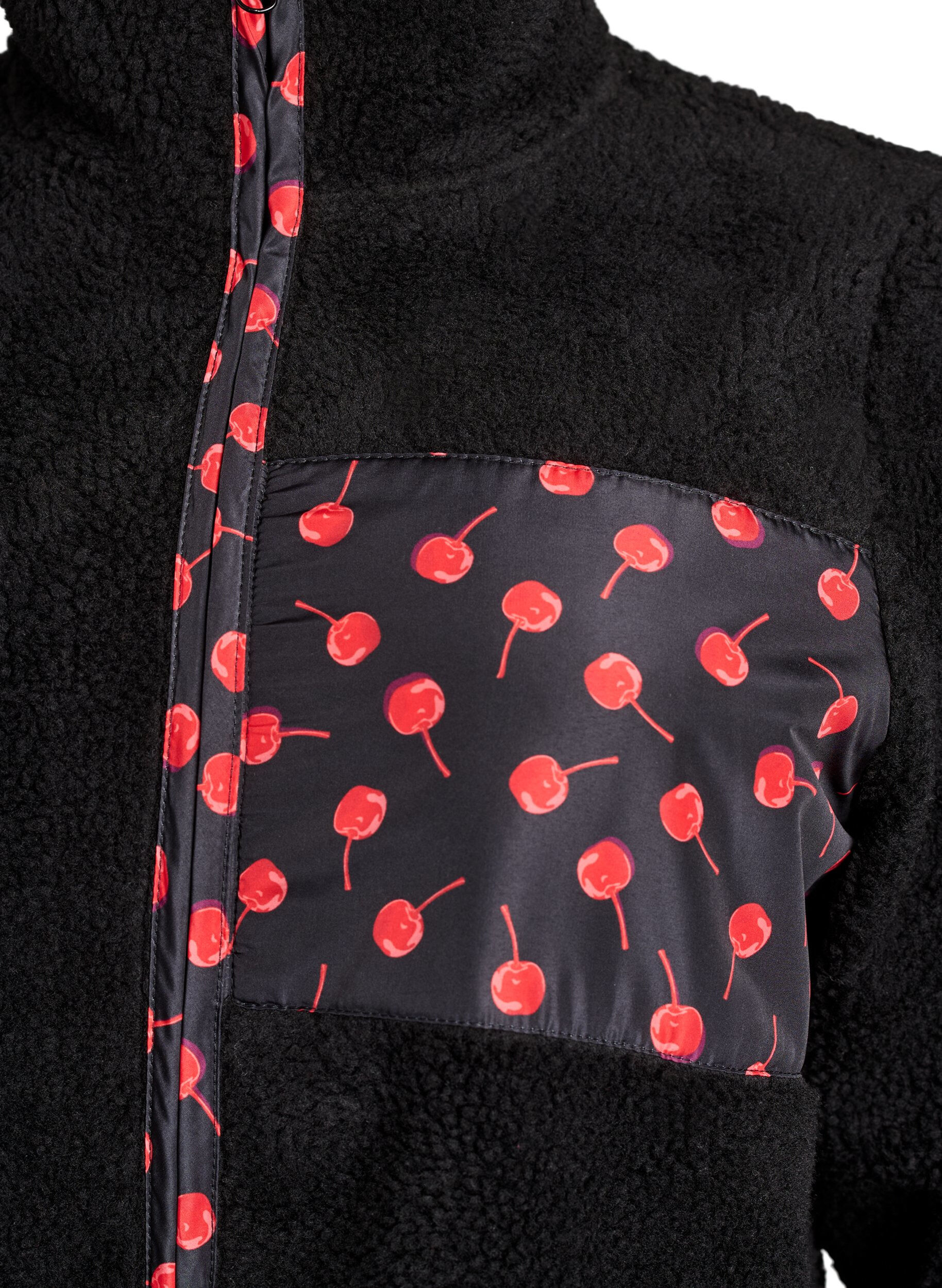 Zizzifashion Teddy-fleece jacket with cherry details, Black, Packshot image number 2