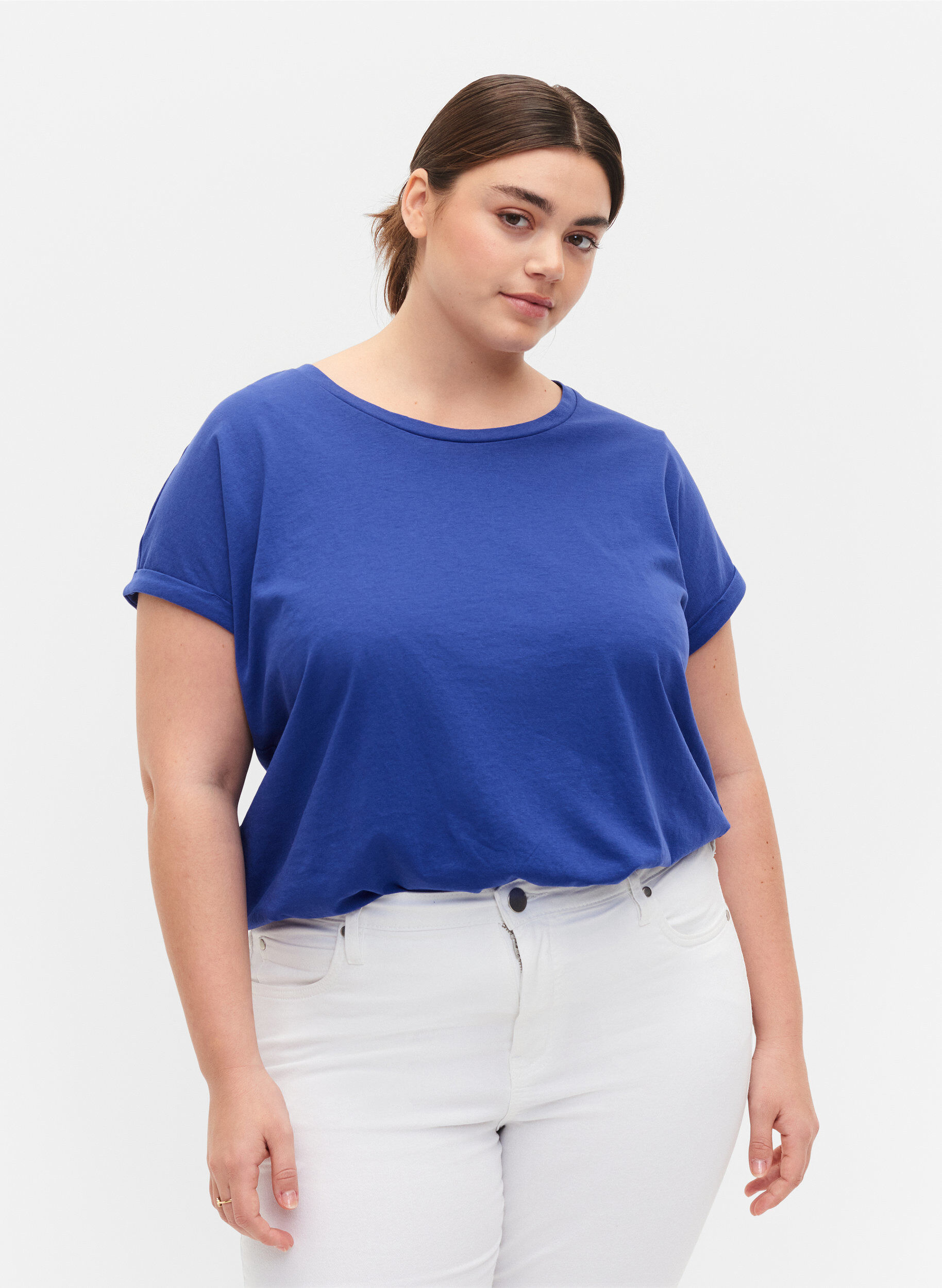 Short sleeved cotton blend t-shirt, Blue, Model