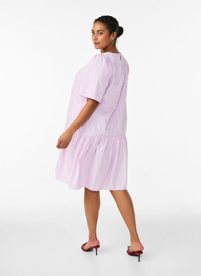 Knee-length striped dress with stones and puff sleeves, Pink, Model image number 2