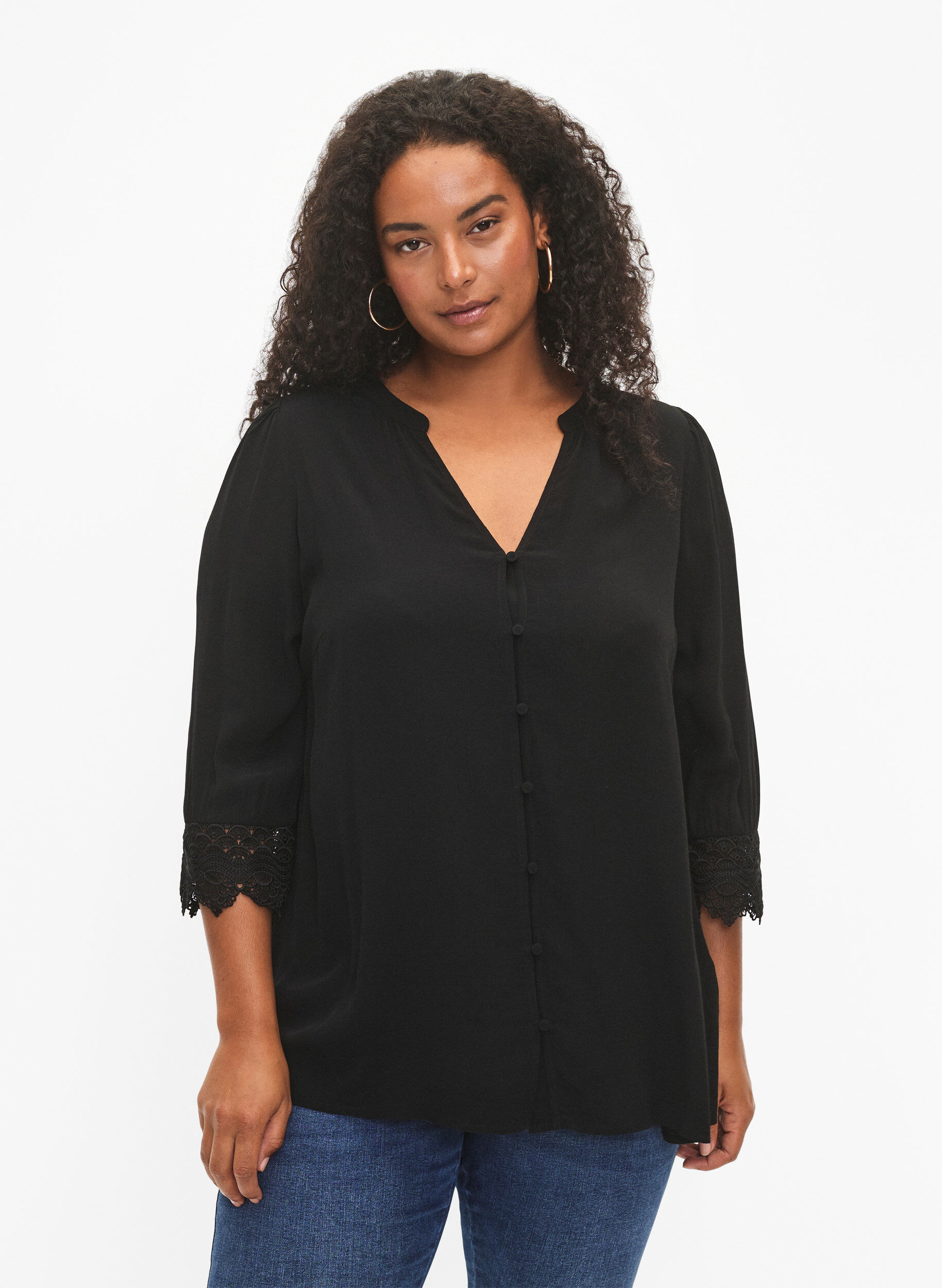 Zizzifashion Viscose shirt with v-neckline, Black, Model image number 0