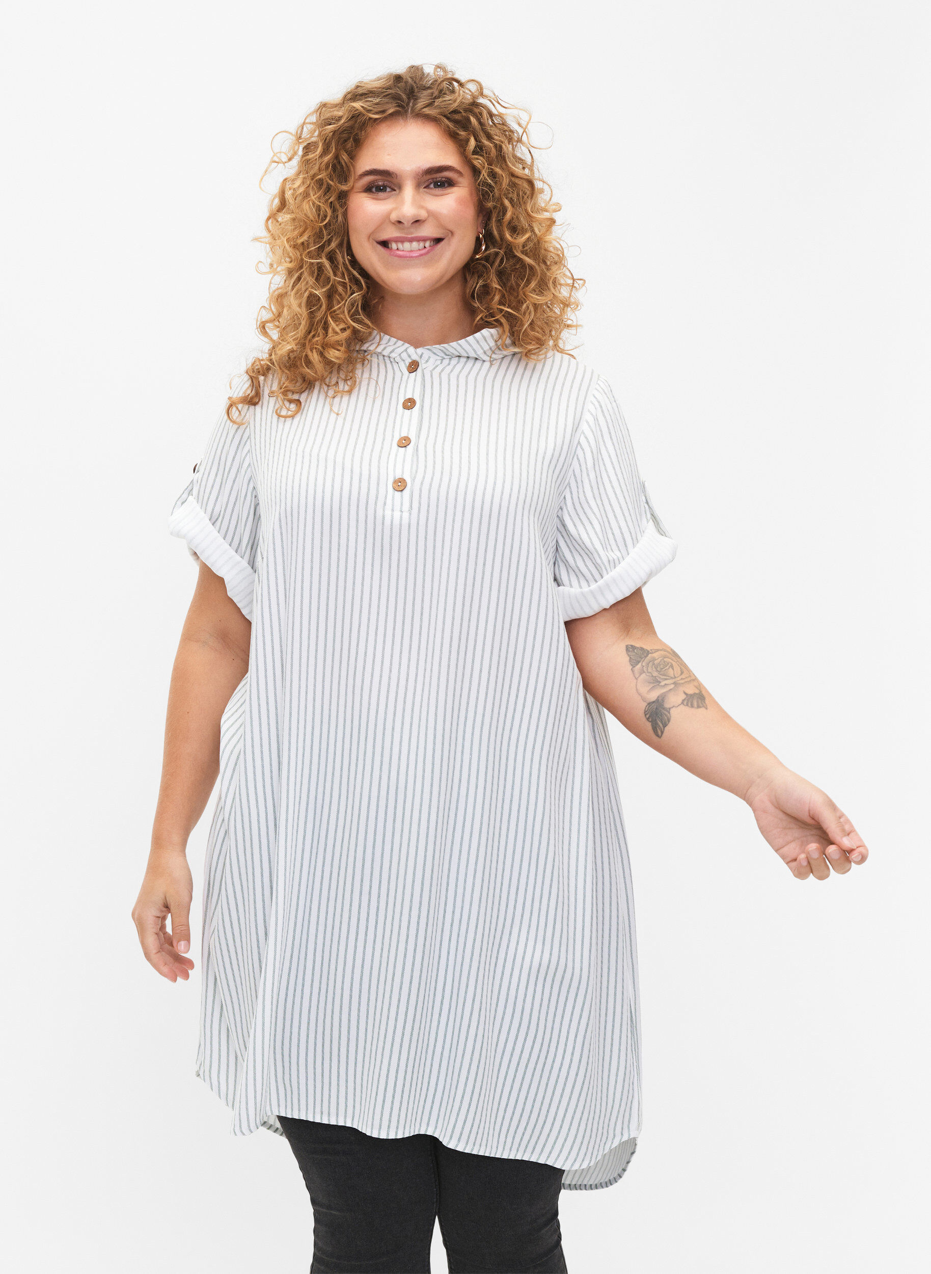 Zizzifashion Short-sleeved viscose tunic with hood, Chinois Green Stripe, Model image number 0