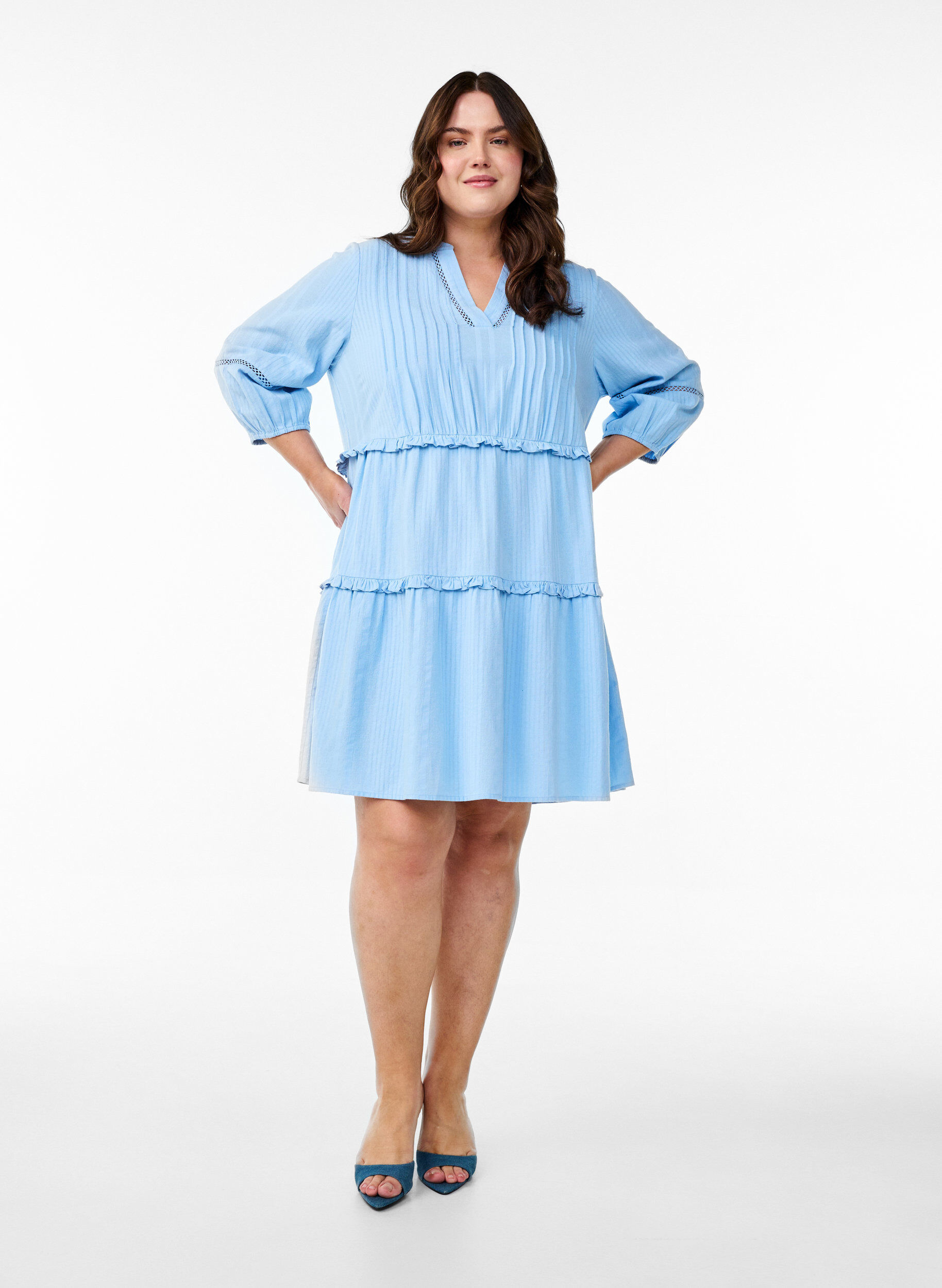 Zizzifashion 3/4 sleeve cotton dress with ruffles, Light Blue, Model image number 1