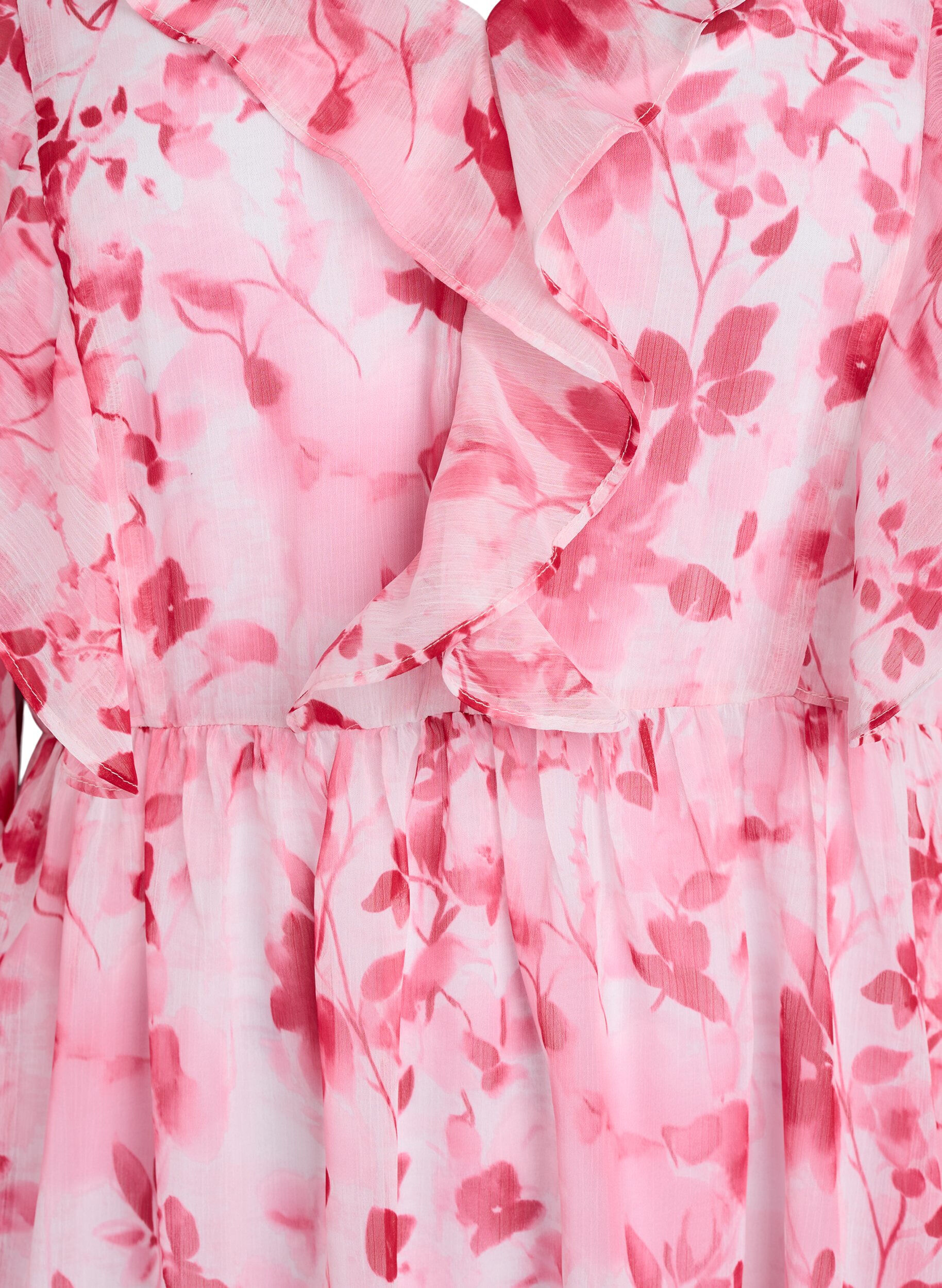 Zizzifashion Floral chiffon dress with ruffles and long sleeves, Pink, Packshot image number 2