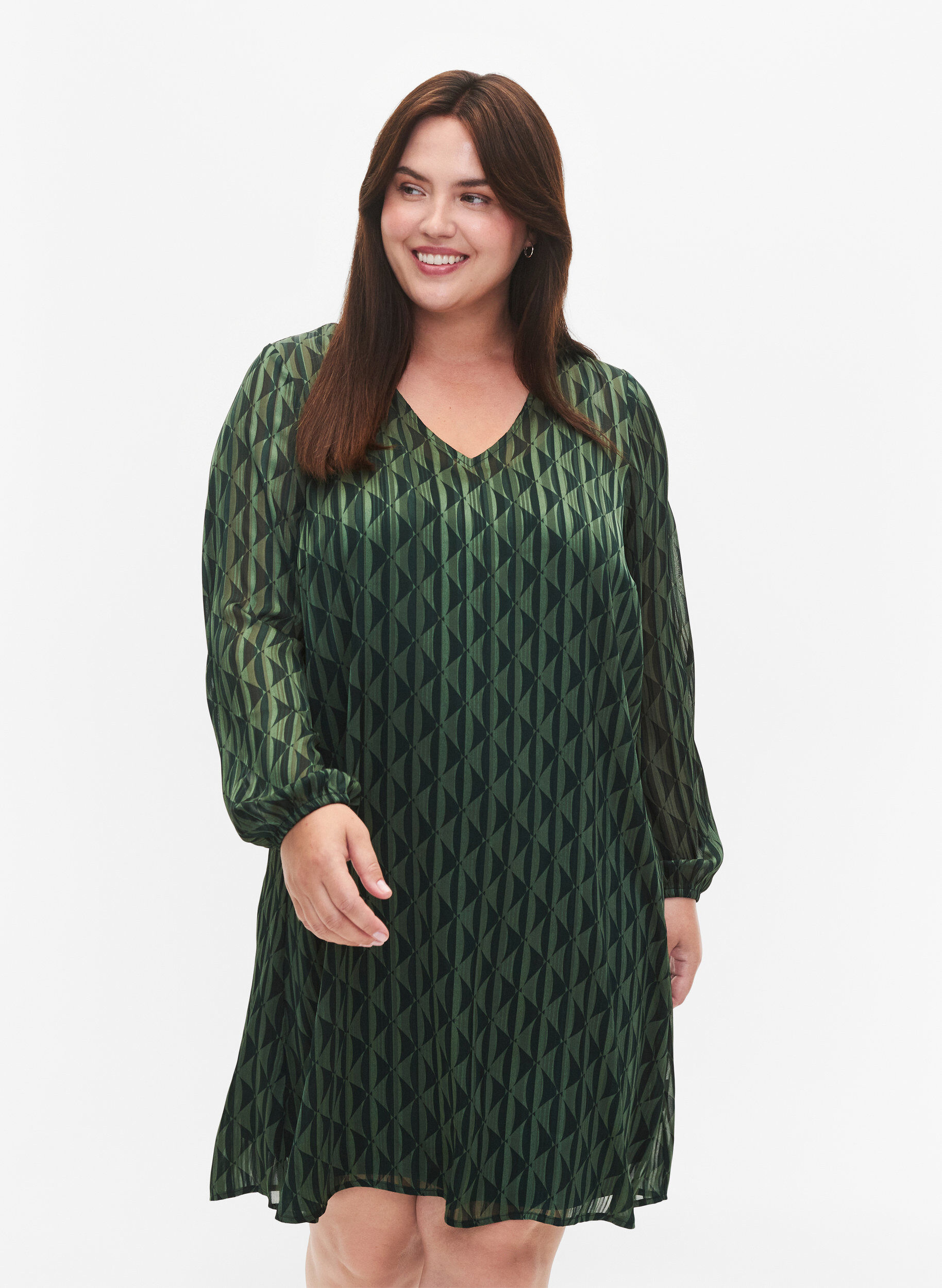 Zizzifashion Long-sleeved dress with V-neck and print, Scarab AOP, Model image number 0