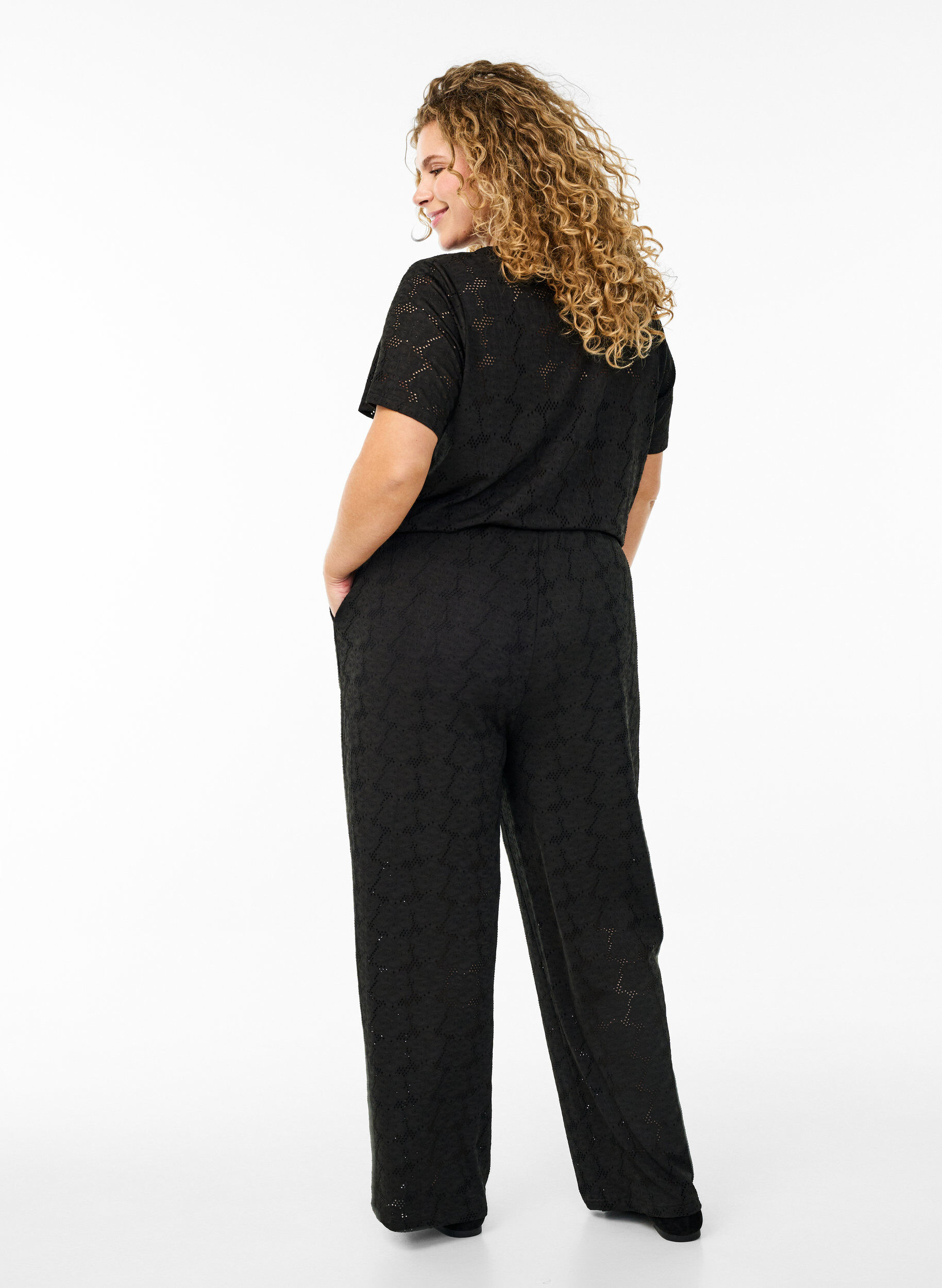 Zizzifashion FLASH - Trousers with texture and high waist, Black, Model image number 1
