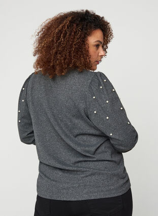 Marled blouse with pudd sleeves and pearls, Dark Grey Melange, Model image number 1
