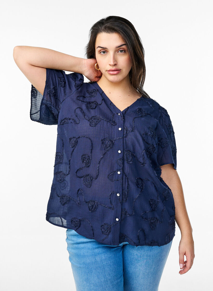 Short-sleeved shirt blouse with 3D floral effect, Blue, Model image number 0