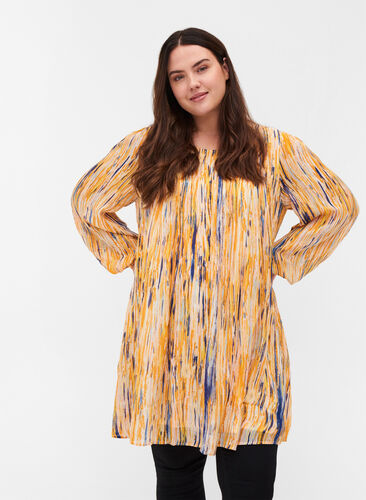 Long-sleeved viscose tunic with print, Apricot AOP, Model image number 0
