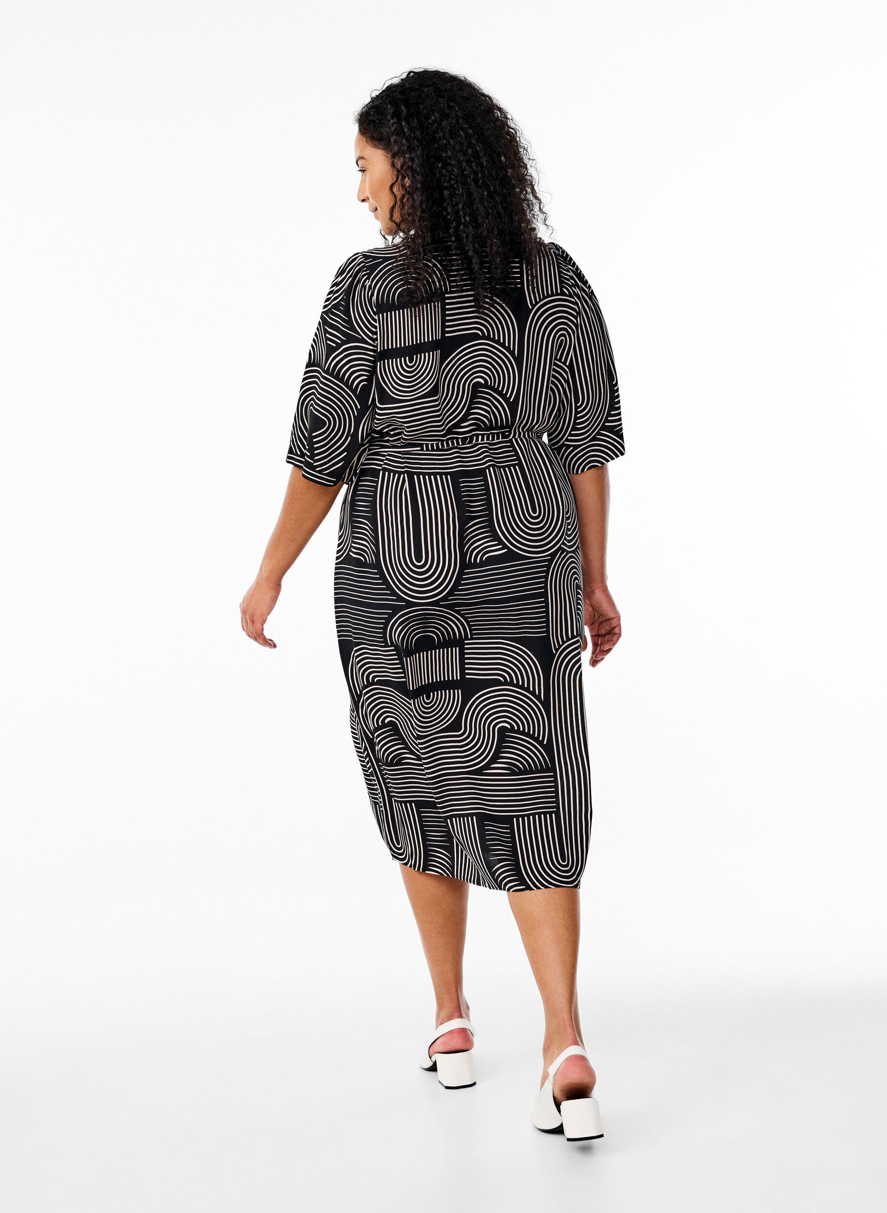 Zizzifashion FLASH - Midi dress with print and tie belt, Black, Model image number 2