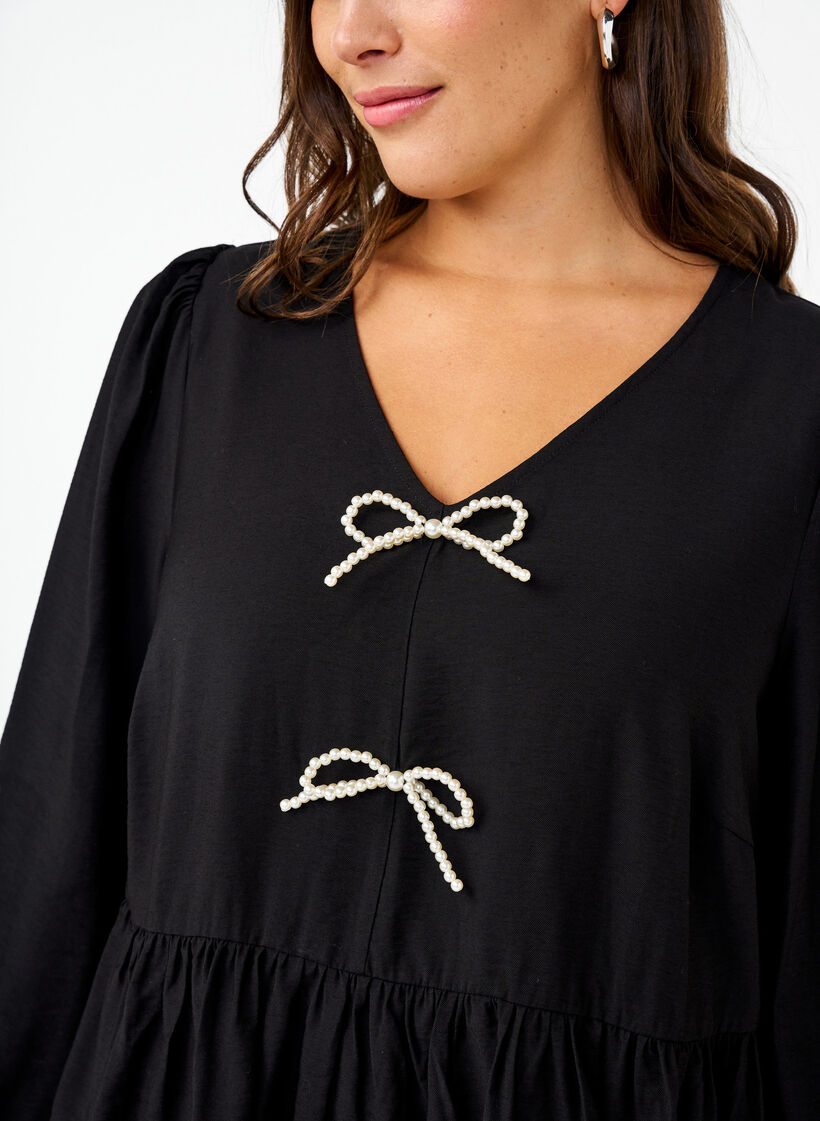 Blouse with pearl bows and long sleeves, Black, Model image number 2