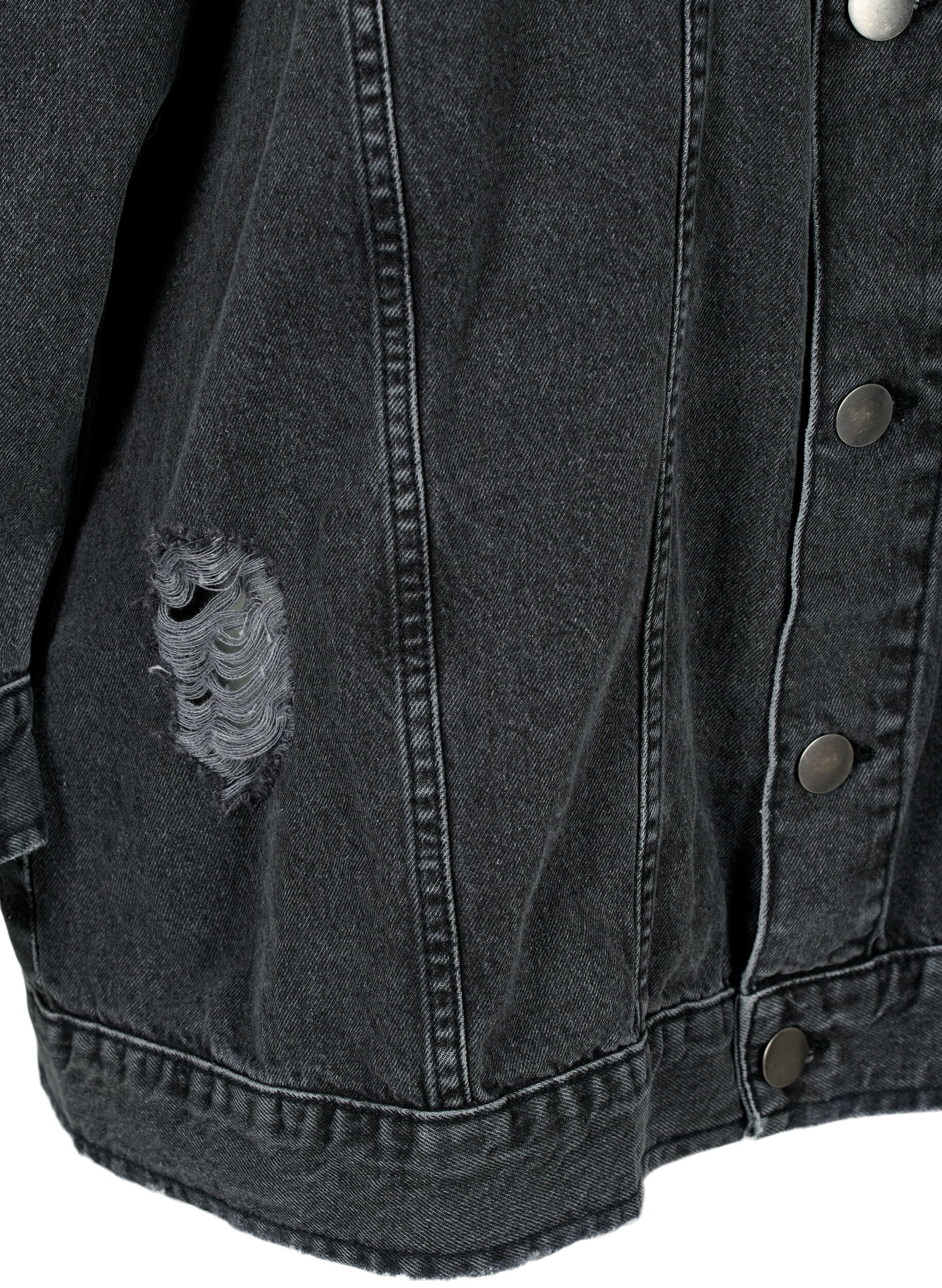 Zizzifashion Loose fit denim jacket with worn details, Dark Grey Denim, Packshot image number 3
