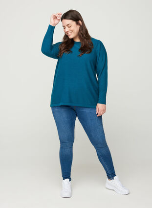 Ribbed knitted sweater with a round neck, Blue Coral, Model image number 2