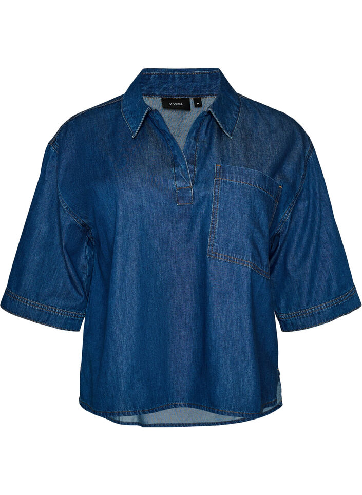 Denim blouse with a chest pocket and elbow-length sleeves, Blue, Packshot image number 0