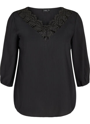 Solid-coloured 3/4 sleeve blouse with lace, Black, Packshot image number 0