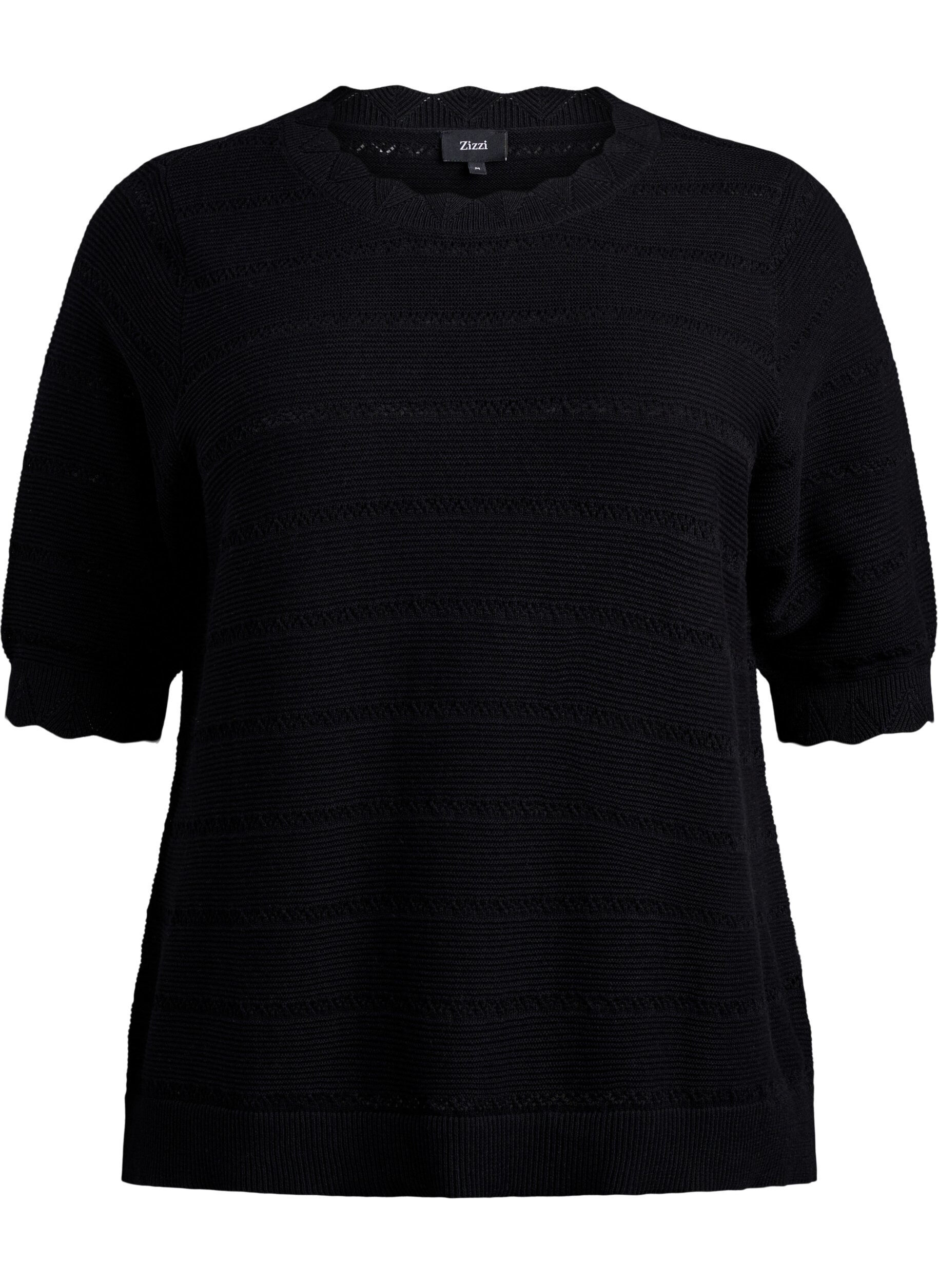 Zizzifashion Knitted blouse with a striped openwork pattern and short sleeves, Black, Packshot image number 0