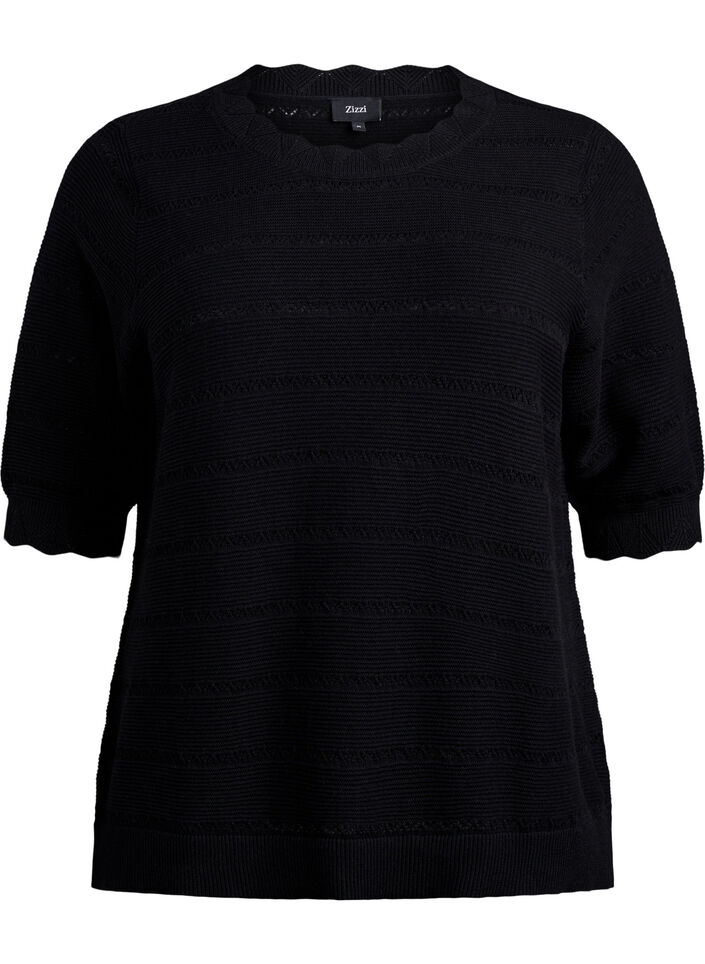 Knitted blouse with a striped openwork pattern and short sleeves, Black, Packshot image number 0