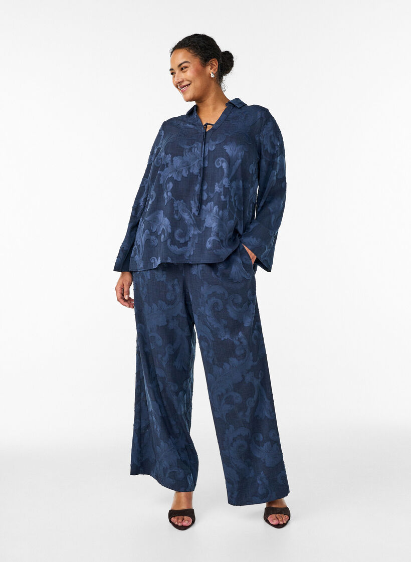 Blouse with a textured woven pattern and V-neck, Blue, Model image number 1