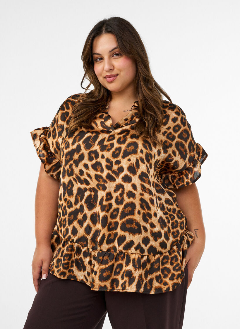 Blouse with leopard print and ruffle details, Brown, Model image number 0