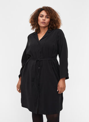 Viscose dress with buttons and belt, Black, Model image number 0