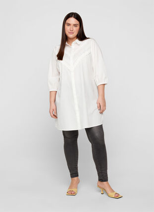 Cotton tunic with 3/4 sleeves and lace, Bright White, Model image number 2