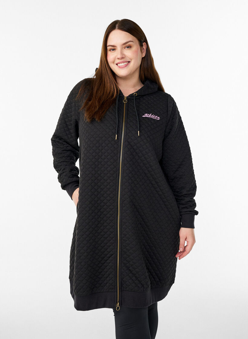 Long quilted sports cardigan with zip, Black, Model image number 0