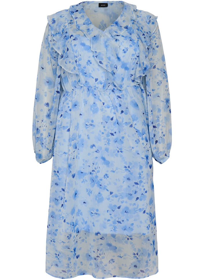 Floral chiffon dress with ruffles and long sleeves, Blue, Packshot image number 0