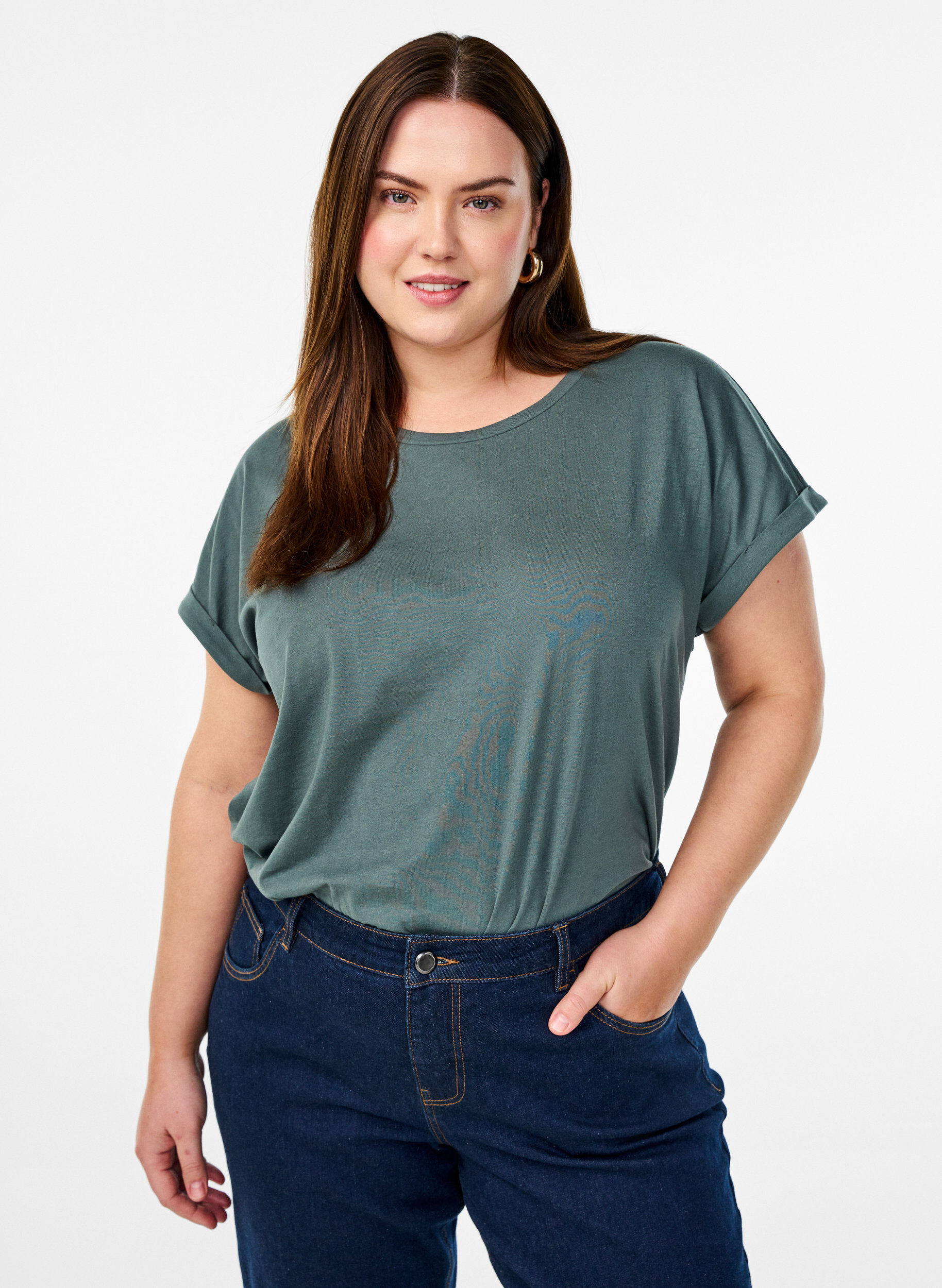 Short sleeve cotton blend T-shirt, Green, Model