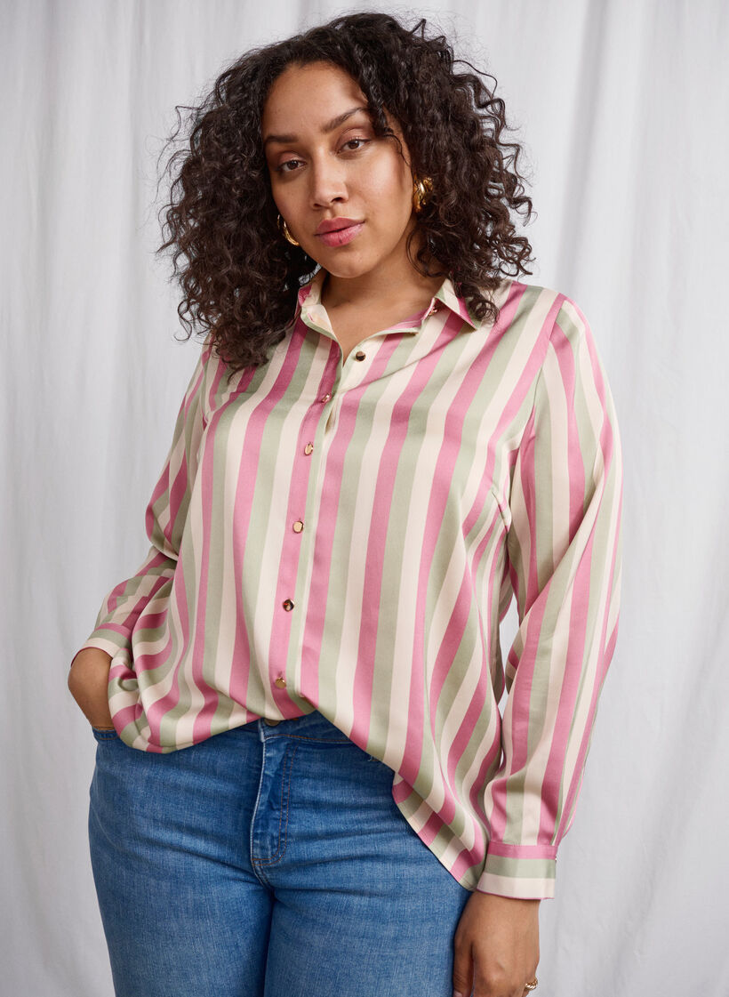 Striped satin shirt with collar, Rose Stripe, Image image number 0