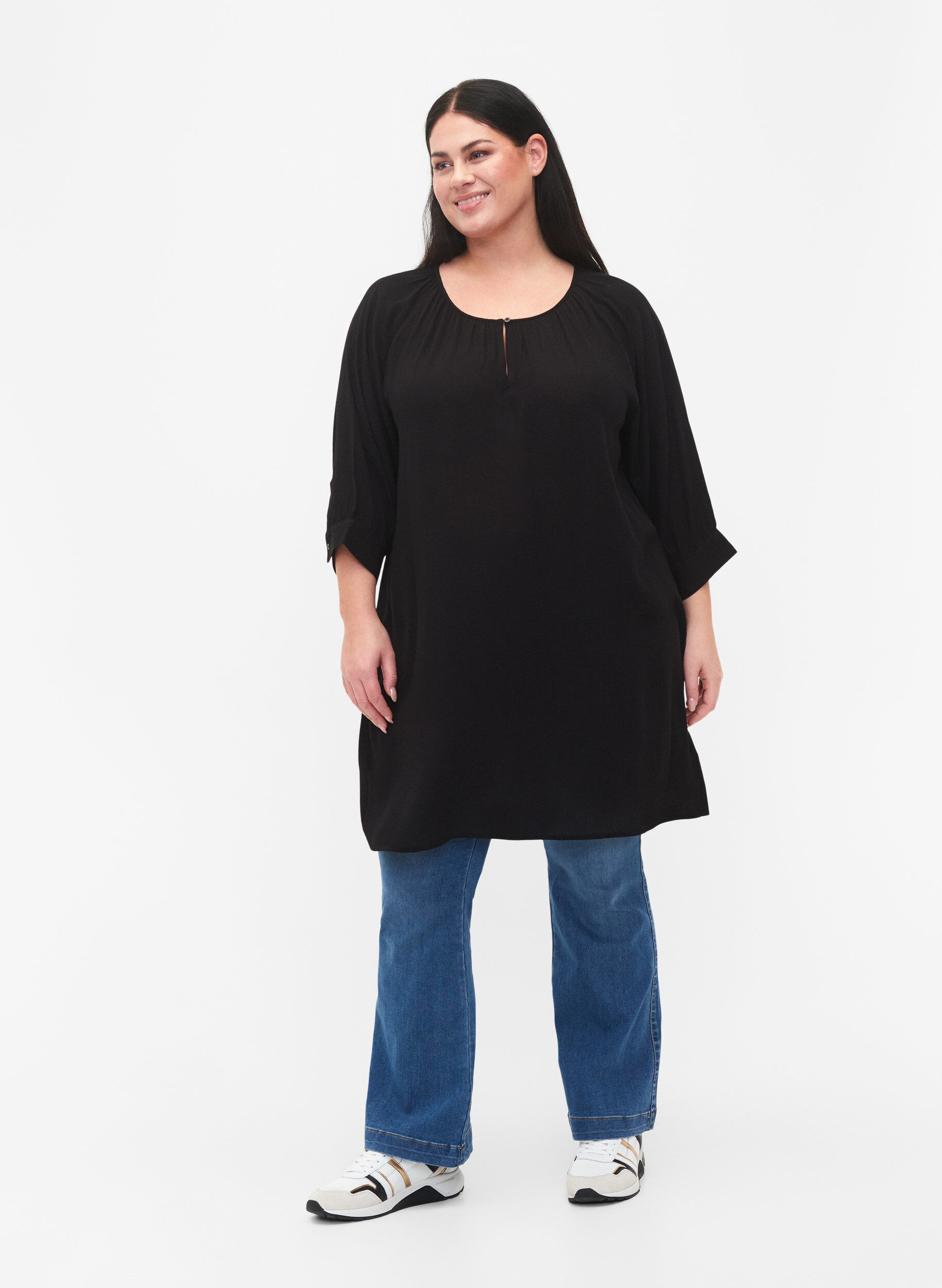 Zizzifashion Viscose tunic with 3/4 sleeves, Black, Model image number 1