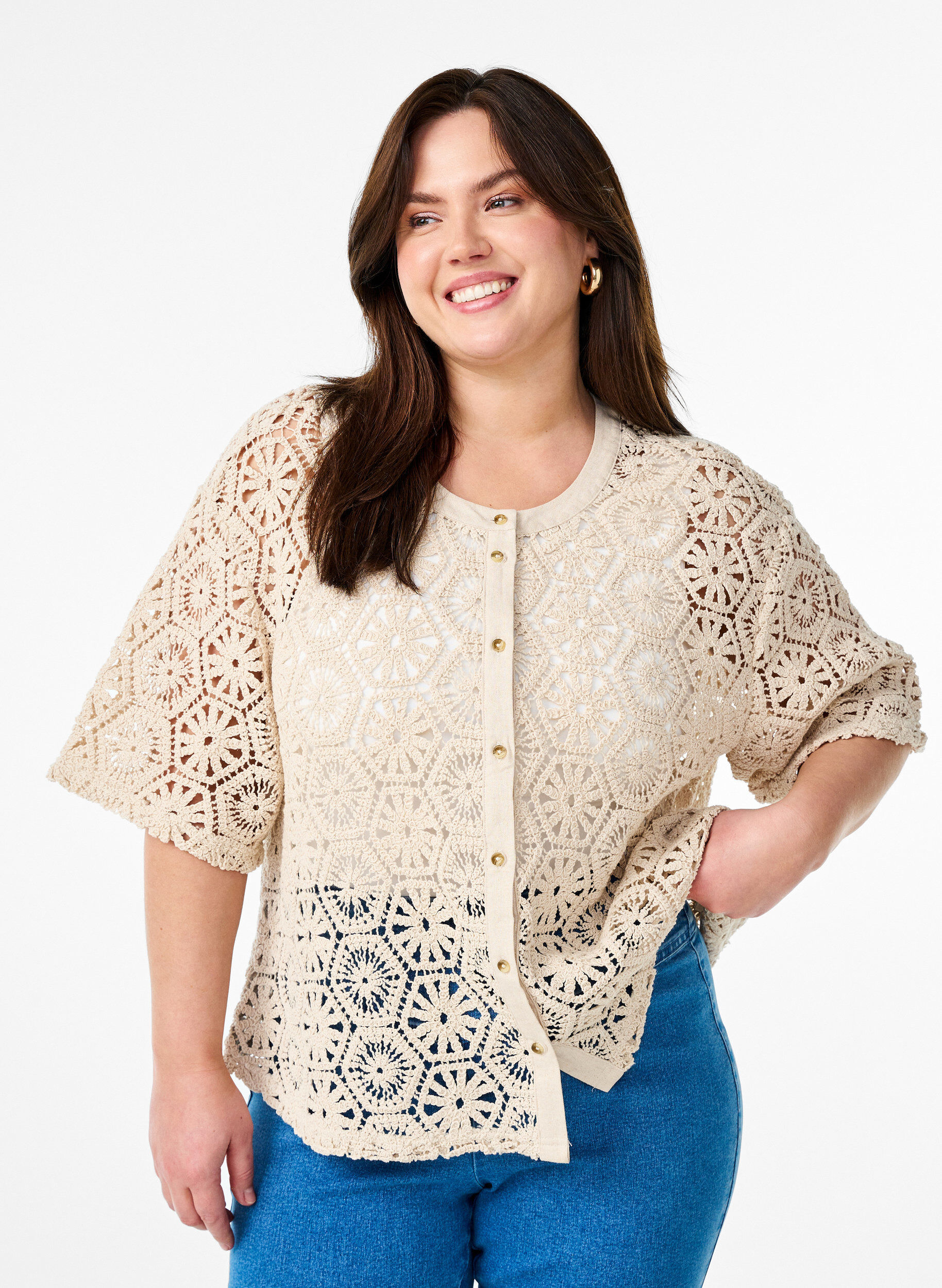Crochet cardigan with short sleeves, Beige, Model