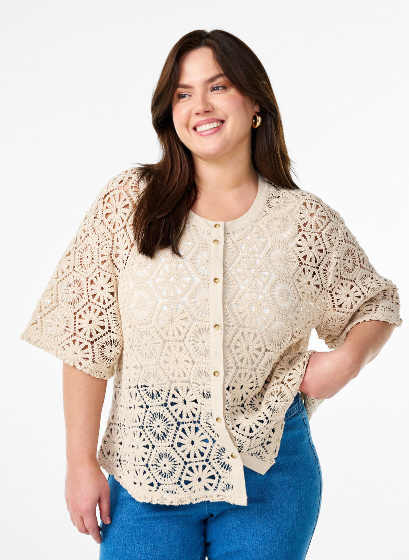 Crochet cardigan with short sleeves, Beige, Model image number 0