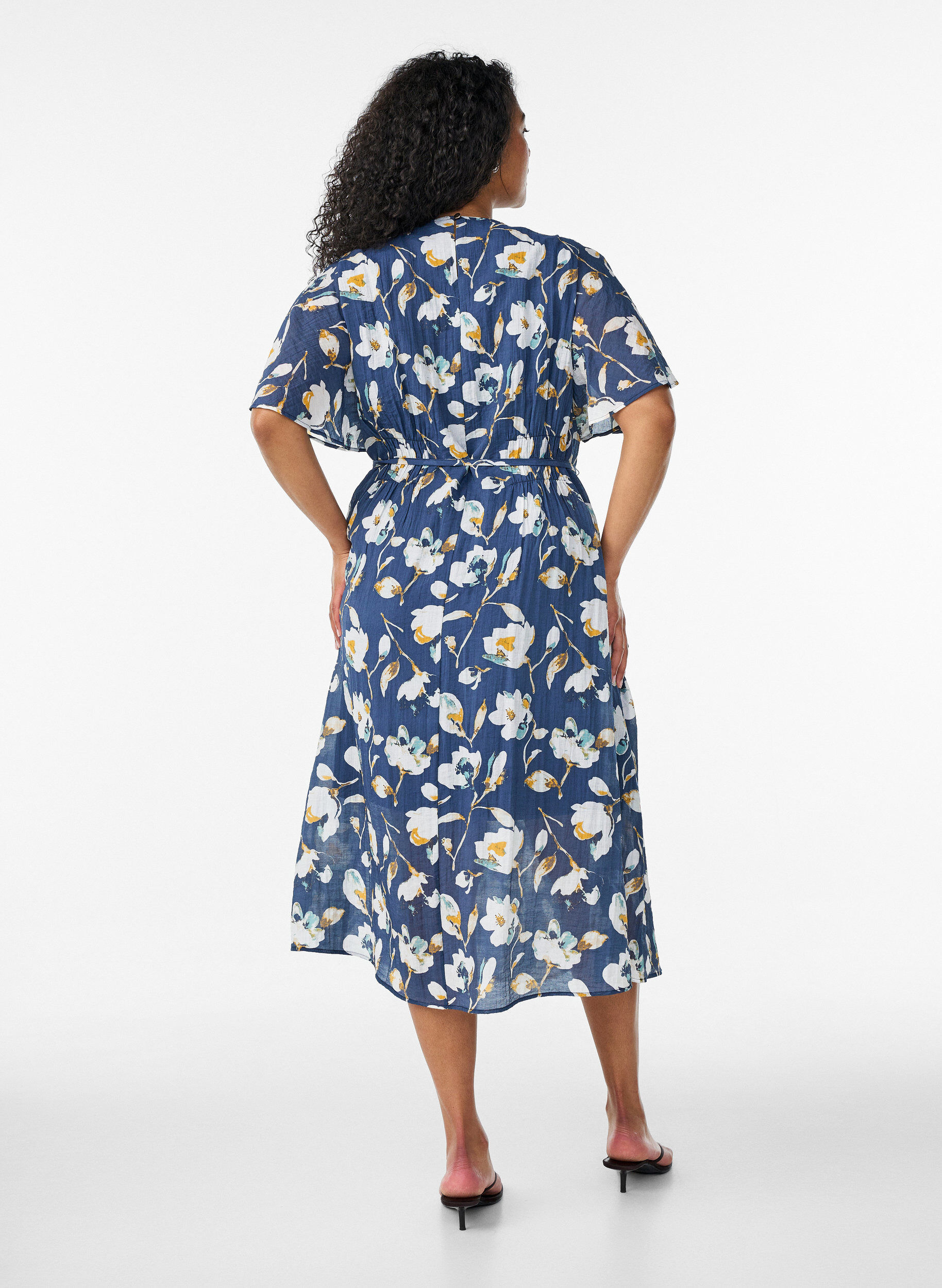 Zizzifashion Ankle-length dress with flutter sleeves and tie-waist, Blue, Model image number 1