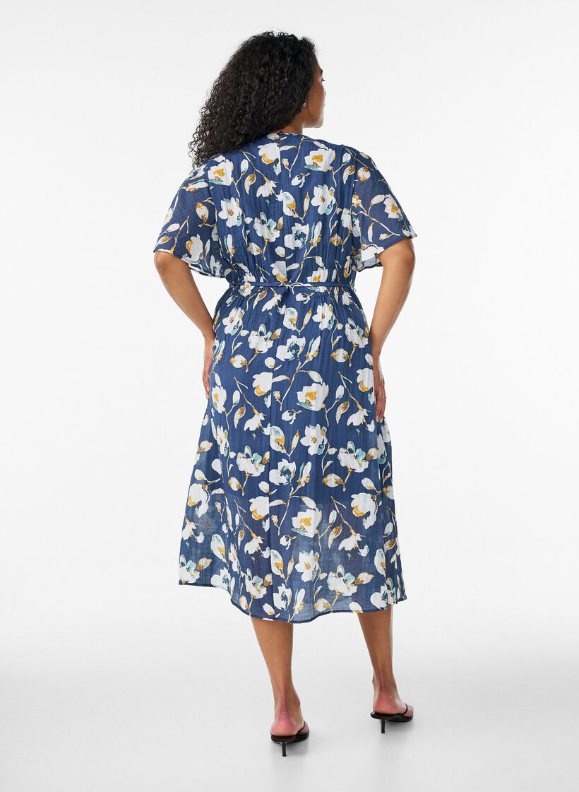 Ankle-length dress with flutter sleeves and tie-waist, Blue, Model image number 1