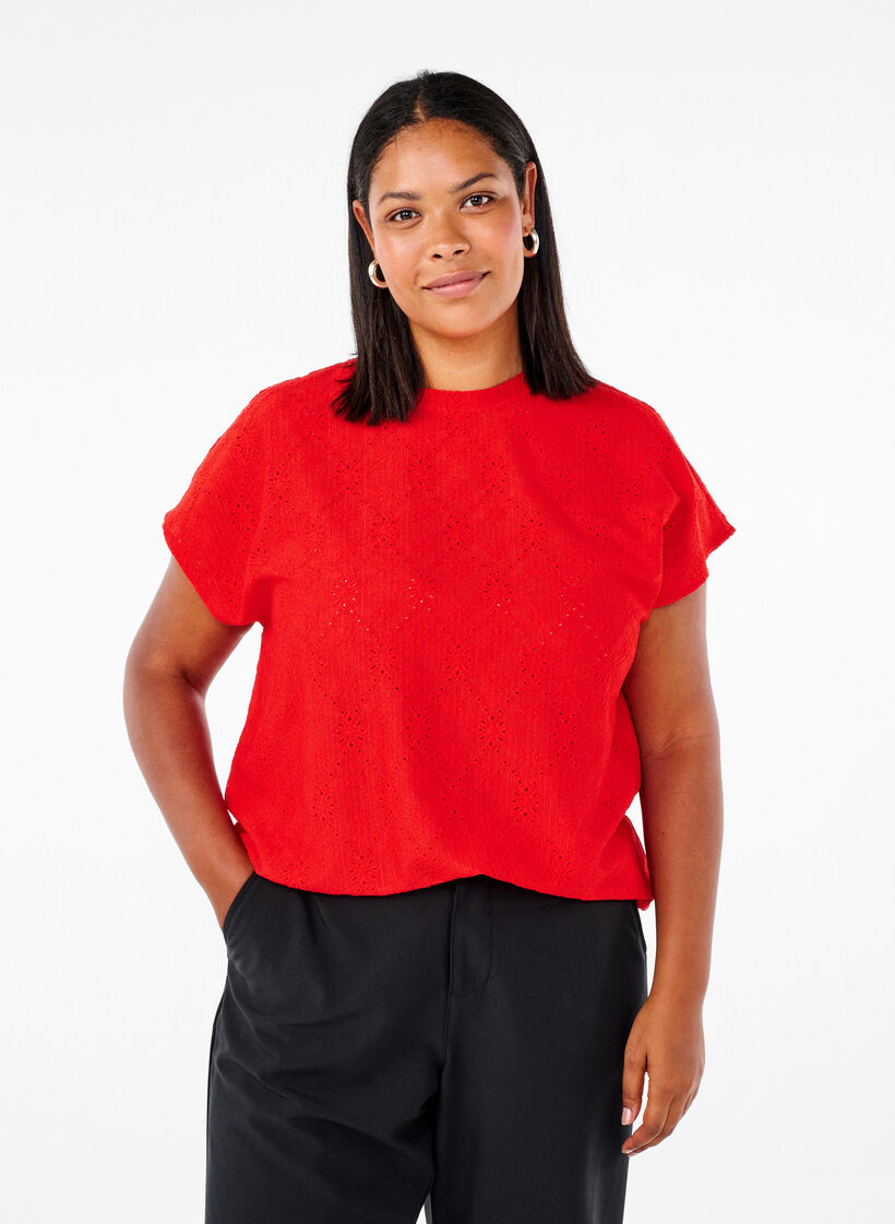 Blouse with short sleeves and floral embroidery, Flame Scarlet, Model image number 0