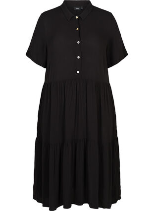 Short-sleeve viscose midi dress, Black solid , Packshot image number 0