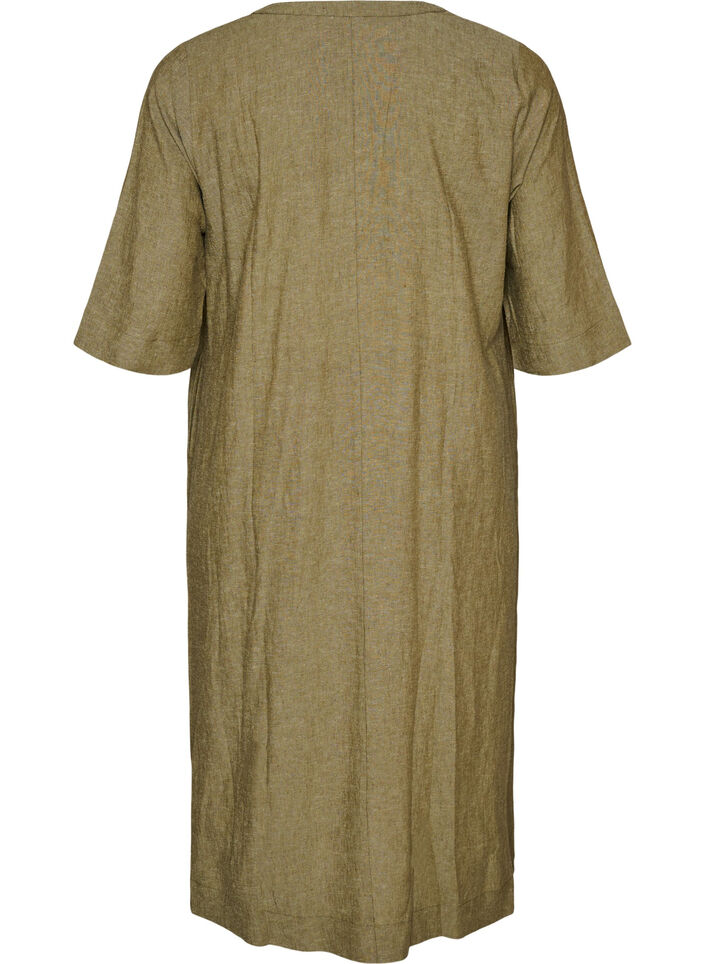 Midi dress in linen and viscose with 1/2 sleeves, Green, Packshot image number 1