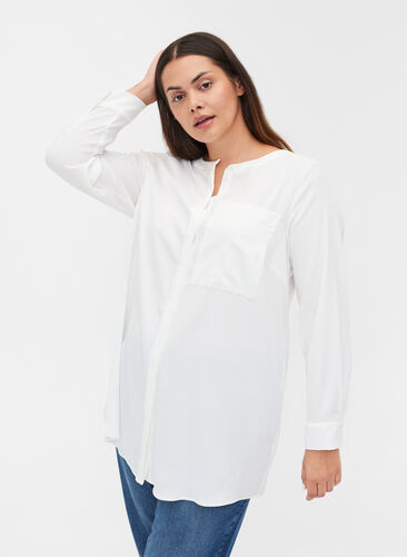Long, solid-coloured shirt with breast pocket, Warm Off-white, Model image number 0