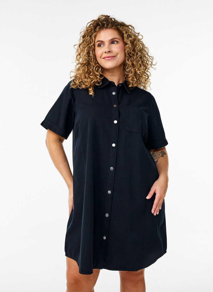 Denim shirt dress with short sleeves, Black, Model image number 0