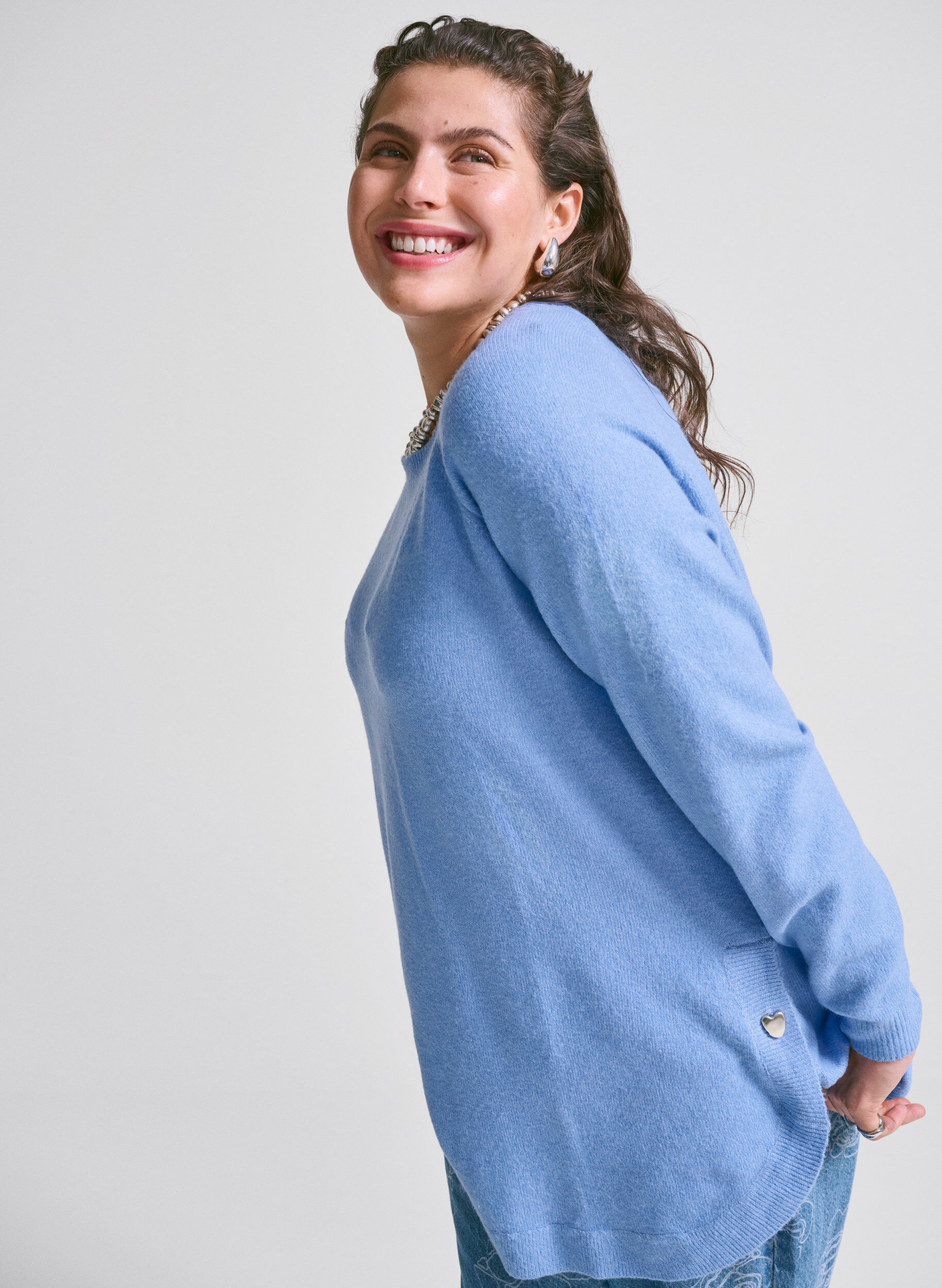 Zizzifashion Long knitted blouse with button detail at the side, Della R. Blue Mel., Image image number 0