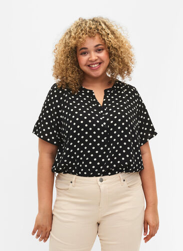 Blouse with short sleeves and v-neck, Black w. Dots, Model image number 0