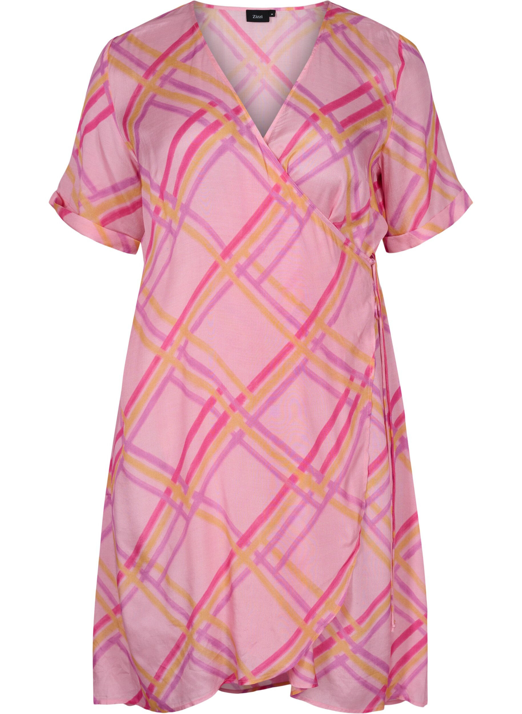 Zizzifashion Checkered viscose dress with wrap, Pink Check, Packshot image number 0