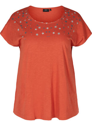 Short-sleeved cotton t-shirt with starts, Burnt Brick STARS, Packshot image number 0