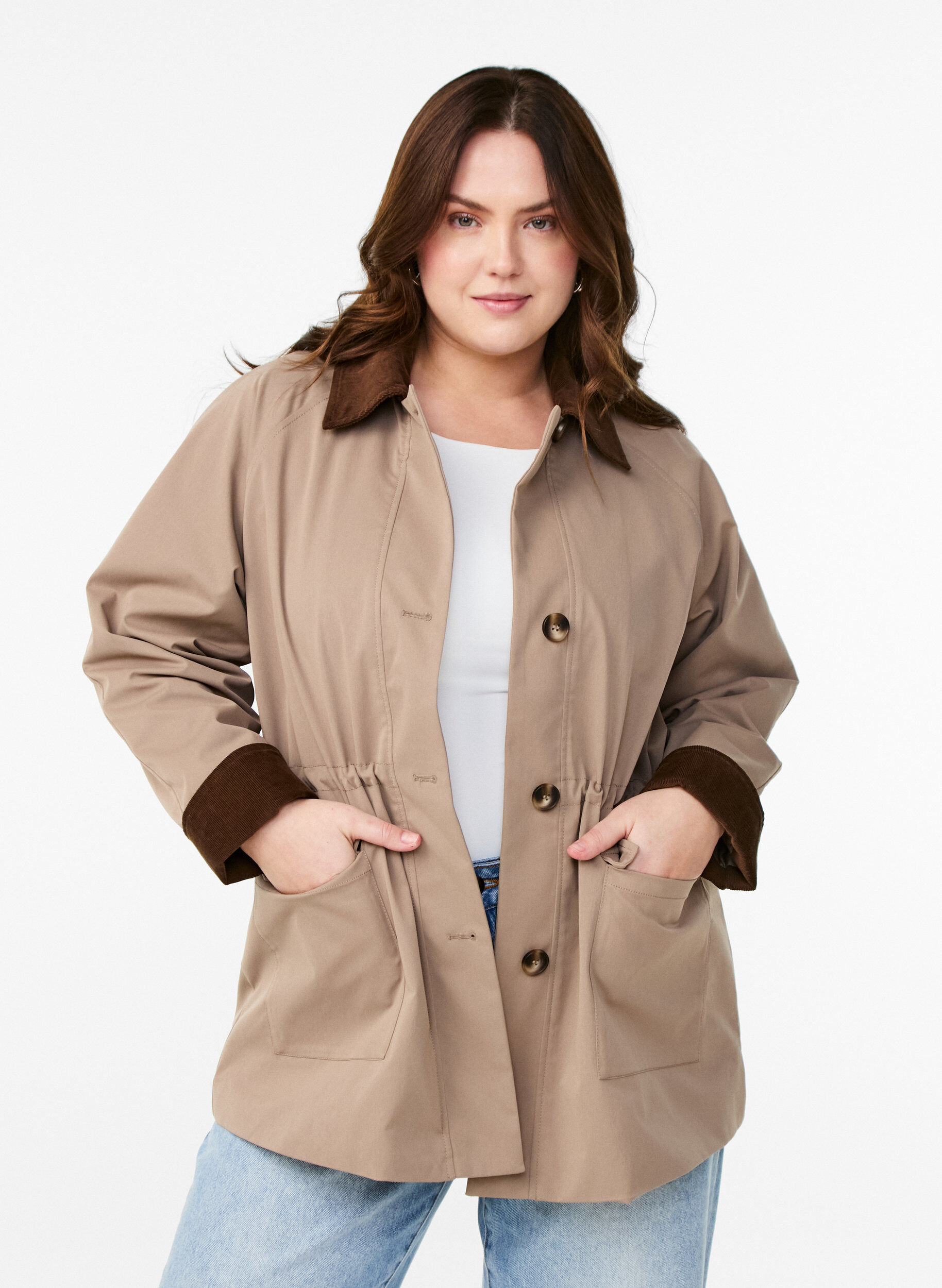 Zizzifashion Spring jacket with contrasting corduroy details, Desert Taupe, Model image number 0