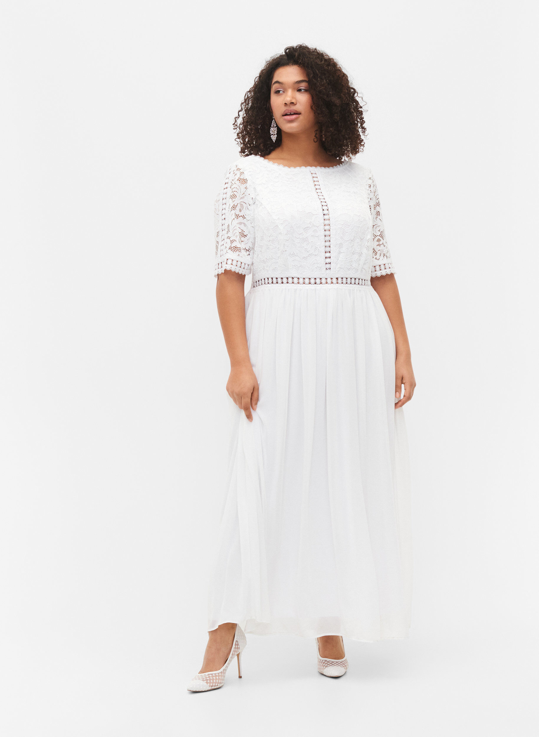 Zizzifashion Maxi dress with back neckline and short sleeves, Bright White, Model image number 0