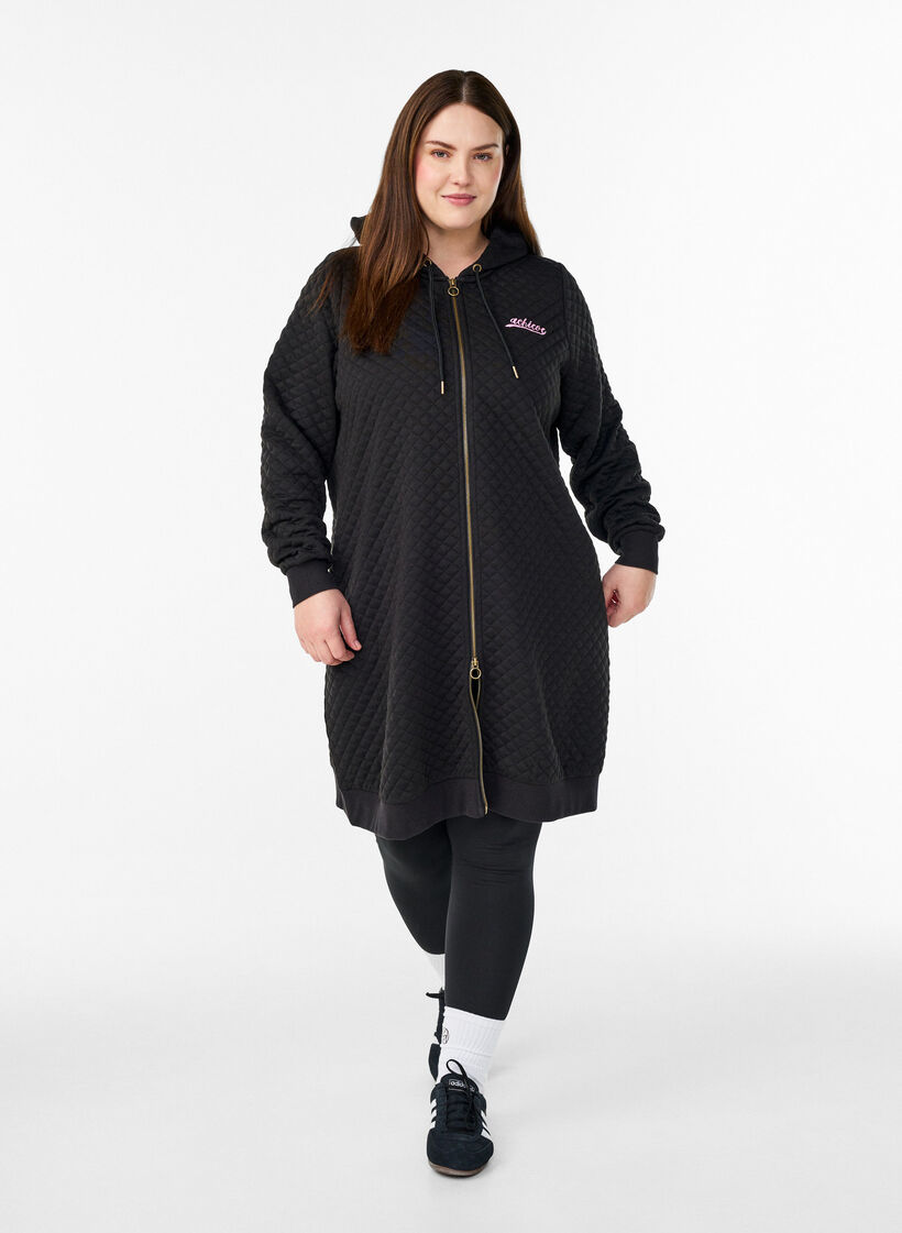 Long quilted sports cardigan with zip, Black, Model image number 1