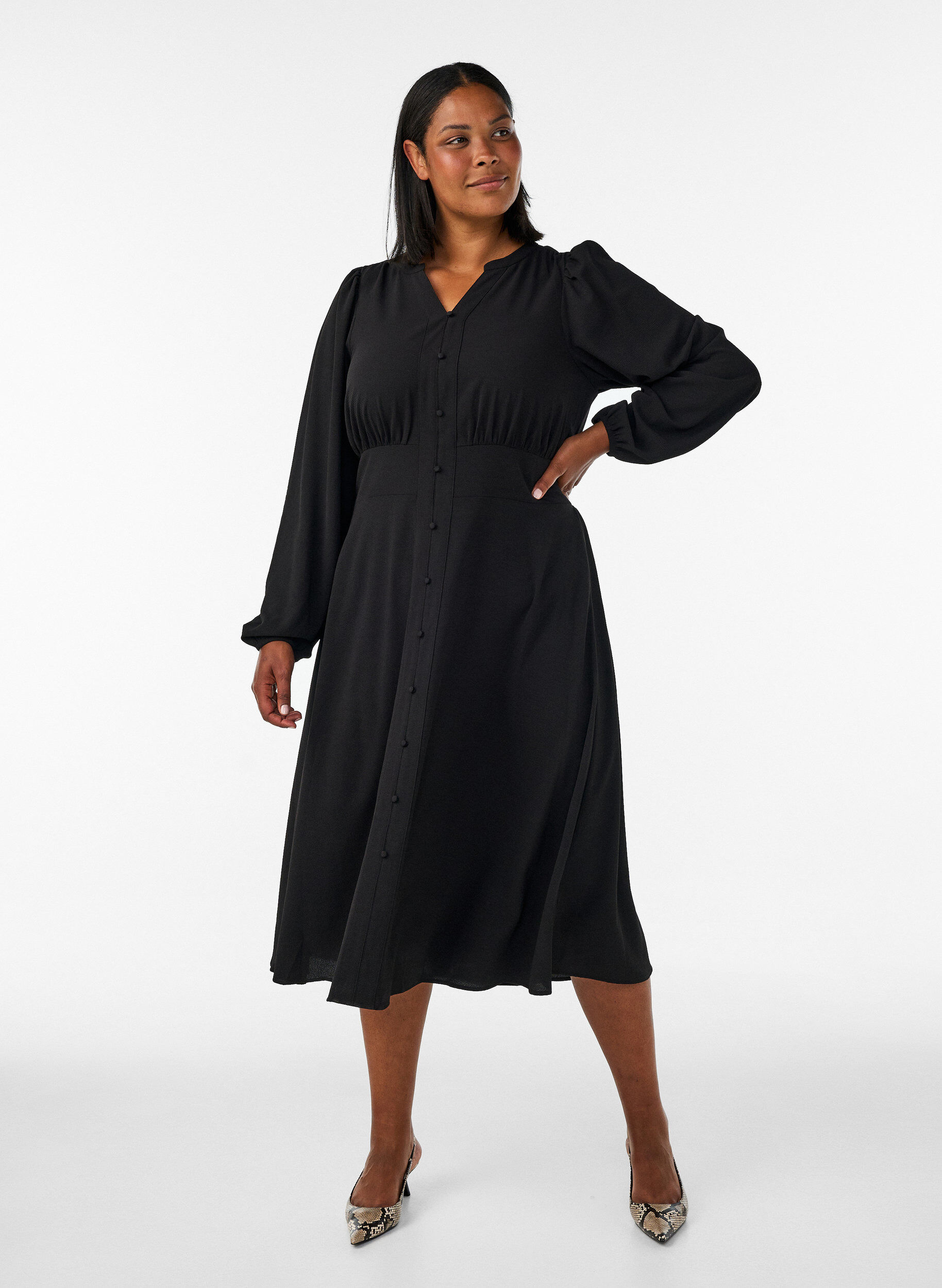 Zizzifashion Midi dress with smock and decorative buttons, Black, Model image number 0