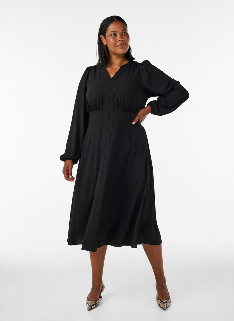 Midi dress with smock and decorative buttons, Black, Model image number 0