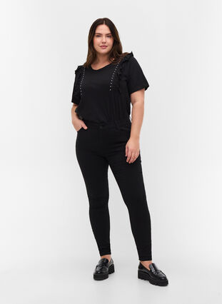 Cotton t-shirt with frills and rivets, Black, Model image number 2
