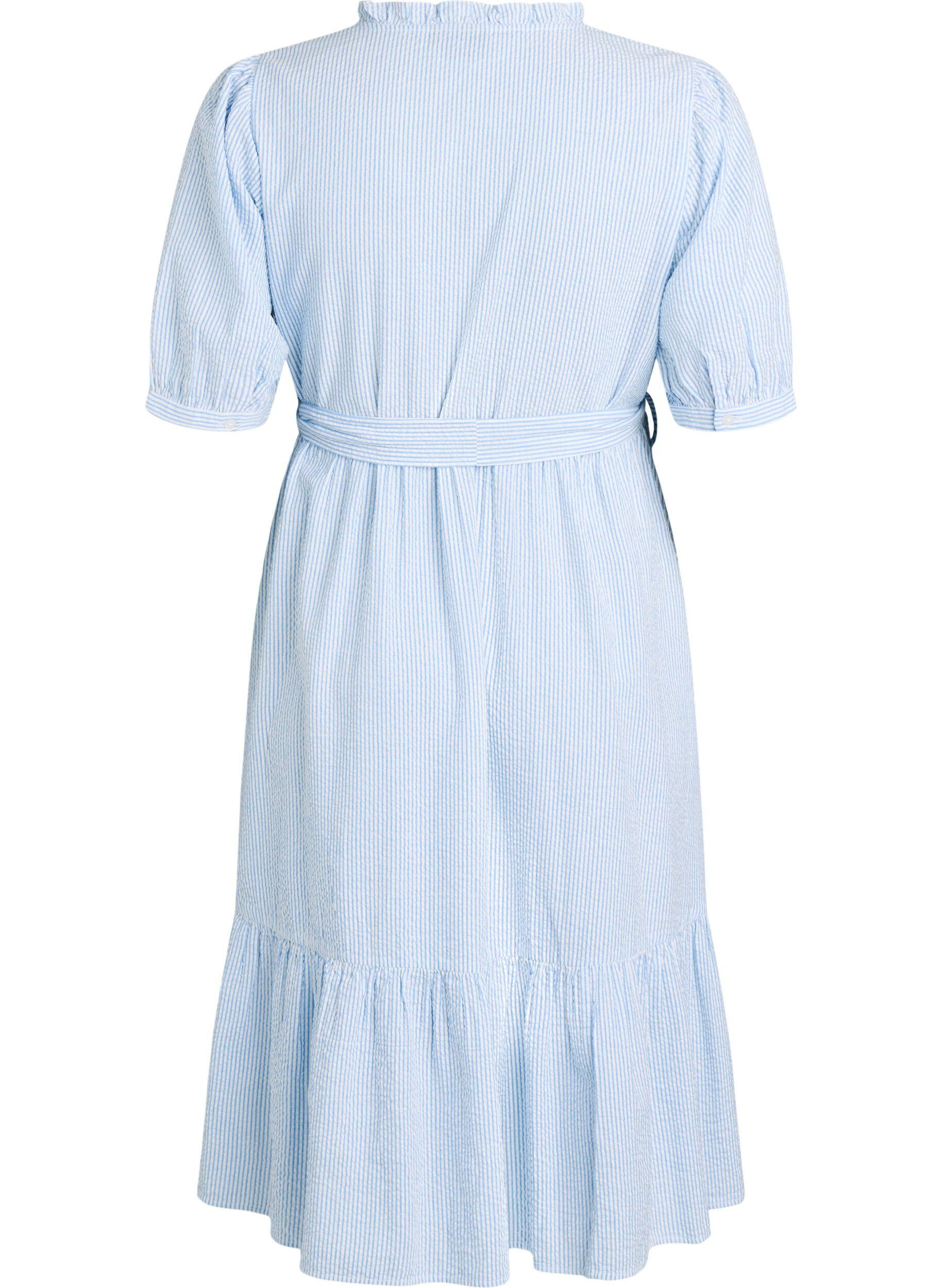 Zizzifashion Striped midi dress in cotton with a tie-belt, White, Packshot image number 1